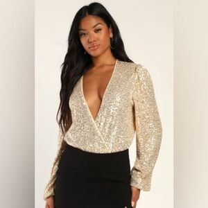Lulu's Gold Sequin Deep V Wrap Bodysuit
